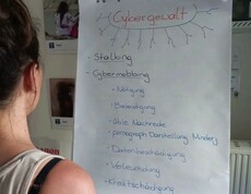 Mädchen vor Flipchart mit Begriffen zum Thema Cybergewalt, Stalking und Mobbing