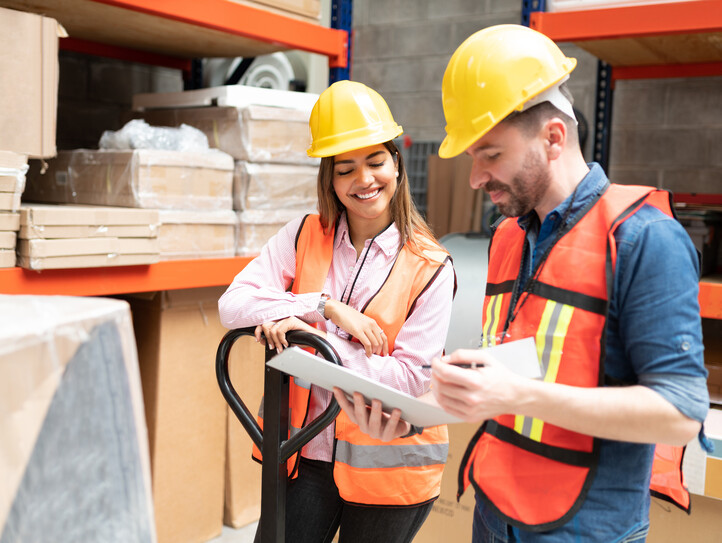 Coworkers Checking List On Clipboard At Factory